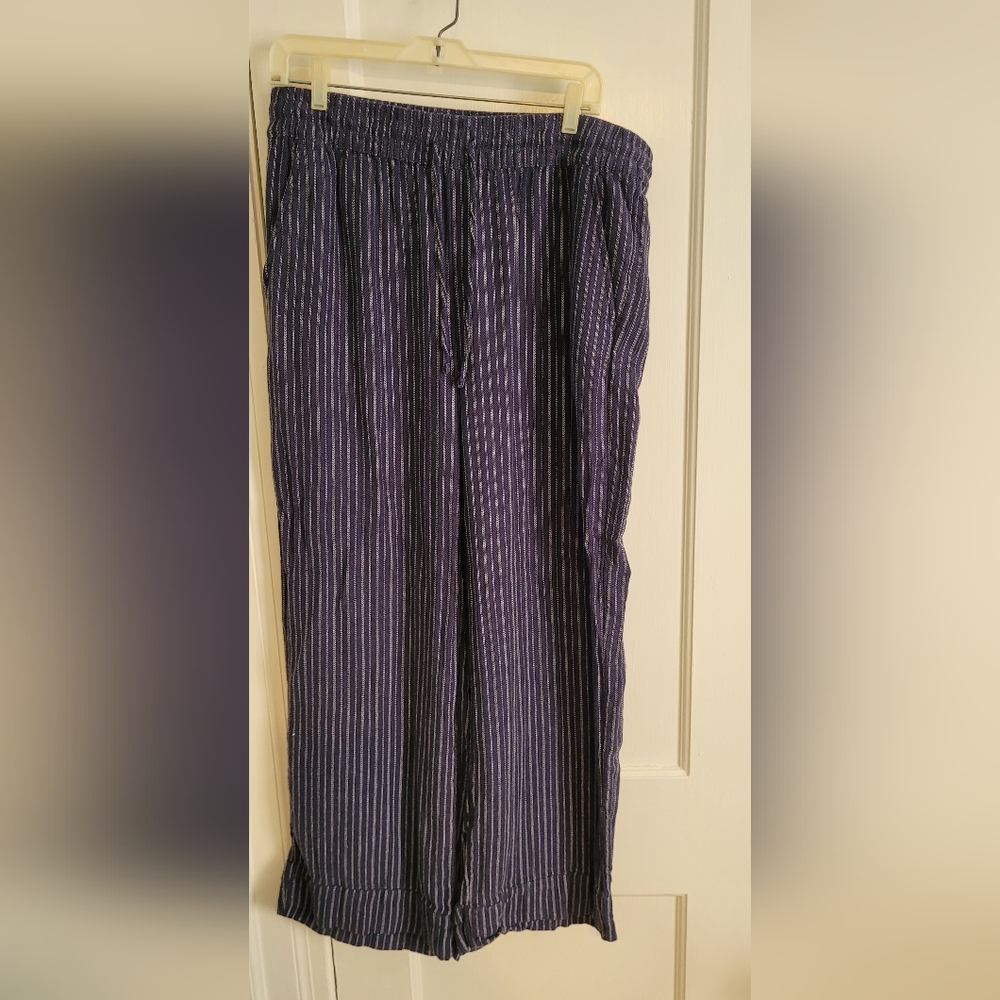 NWOT Time & Tru Spring Summer Navy Blue Linen Pinstripe Wide Leg Pants, Sz 12-14